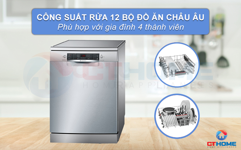 Máy rửa bát Bosch SMS46HI04E Serie 4 có thể rửa tối đa 12 bộ bát đĩa