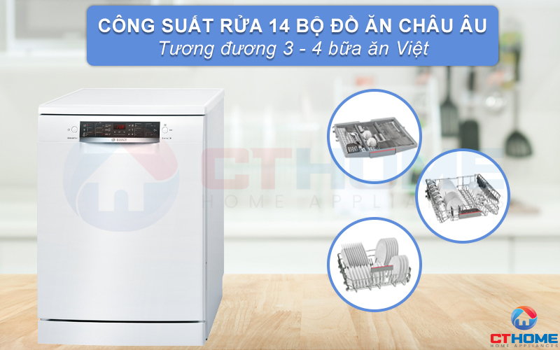 Dung tích chứa lớn, công suất rửa của máy rửa bát Bosch SMS46MW00E đạt đến 14 bộ