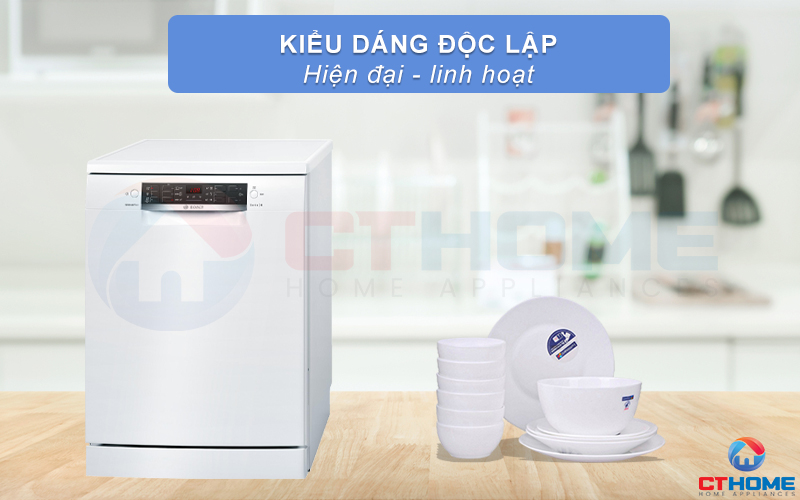 Máy rửa bát Bosch SMS46MW00E được thiết kế dáng đứng chắc chắn và linh hoạt