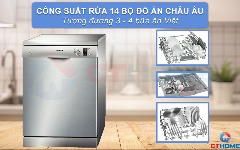 Dung tích chứa lớn, công suất rửa của máy rửa bát Bosch SMS57E28EU có thể đạt tối đa 14 bộ