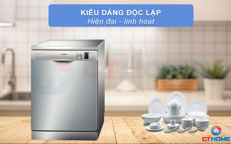 Máy rửa bát Bosch SMS57E28EU được thiết kế với kiểu dáng đứng độc lập linh hoạt và chắc chắn