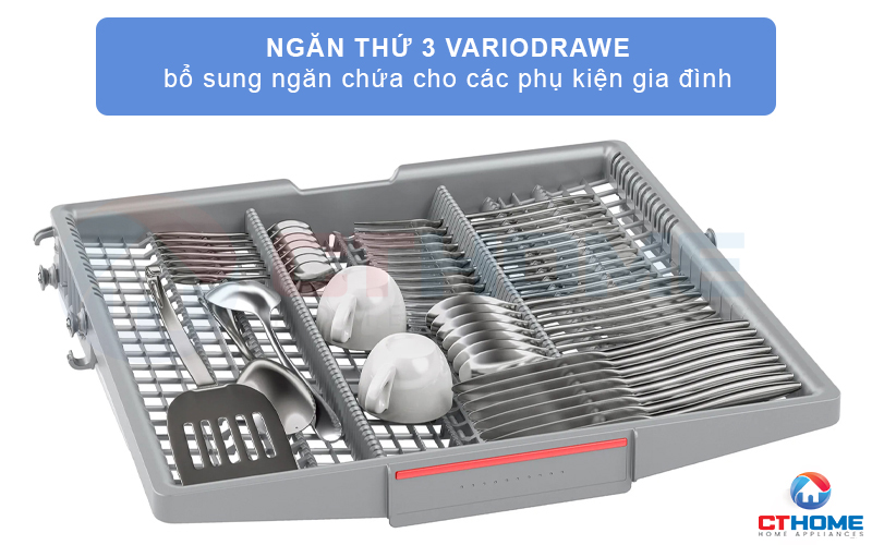 Ngăn thứ 3 Vario Drawer là nơi chuyên chứa những đồ vật nhỏ như dao, nĩa, thìa …