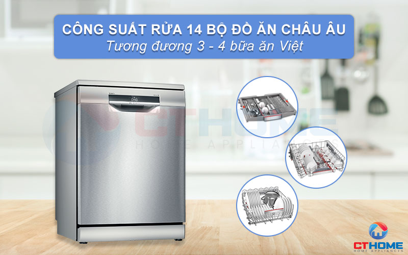 Máy rửa chén Bosch serie 6 SMS6ZCI08E có thể rửa được tối đa 14 bộ đồ ăn châu Âu