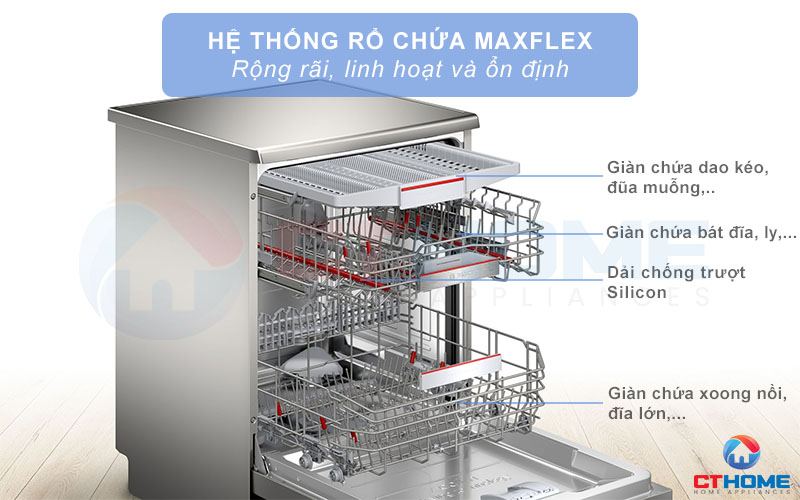 Thiết bị rửa bát SMS6ZCI14E serie 6 được trang bị hệ thống giỏ chứa Max Flex lòng sâu