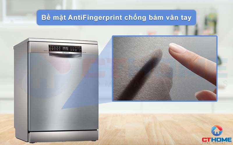 Máy rửa chén Bosch độc lập SMS6ZCI49E được phủ một lớp chống bám vân tay AntiFingerprint trên bề mặt.