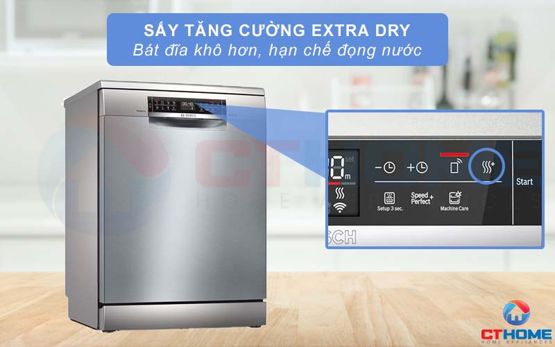 Bát đĩa khô hơn khi chọn thêm chức năng sấy tăng cường Extra Dry.