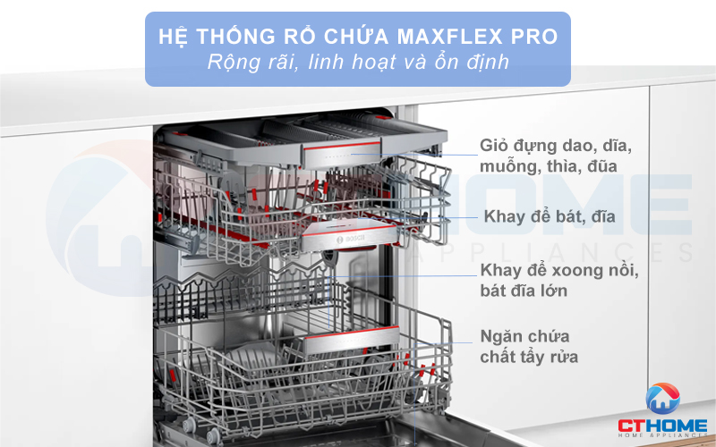 Hệ thống giàn rửa MaxFlex rộng rãi, linh hoạt, dễ dàng sắp xếp các vật dụng.