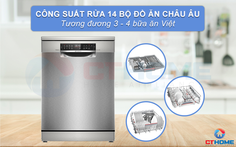 Máy rửa bát Bosch SMS6ZCI49E có thể rửa tối đa lên đến 14 bộ đồ ăn châu Âu.