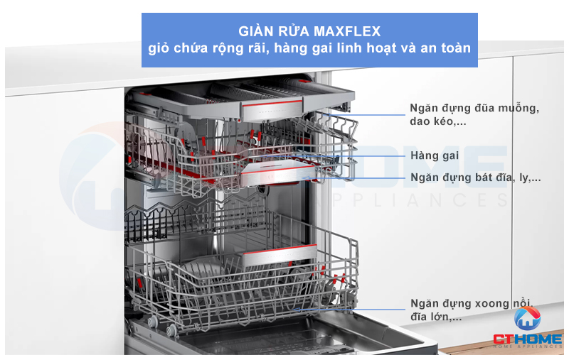 Giàn chứa MaxFlex rộng rãi và linh hoạt với các hàng gai.