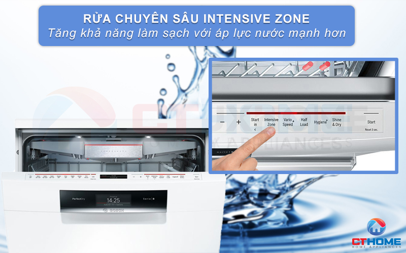 Tính năng Intensive Zone tăng áp lực rửa giàn dưới cùng của máy rửa bát Bosch SMS88TW02M.