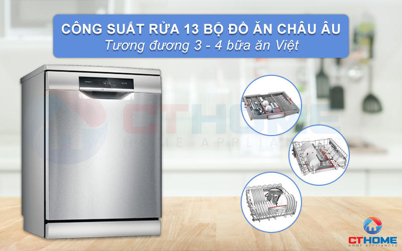 Máy rửa chén Bosch có công suất rửa lớn lên đến 13 bộ đồ ăn Châu Âu