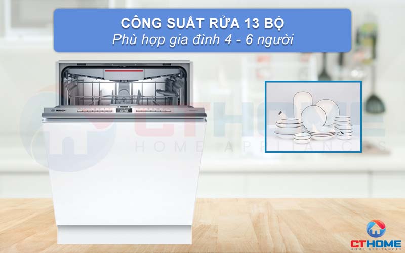 Công suất rửa tối đa 13 bộ đồ ăn phù hợp với gia đình 3 thế hệ với 4-6 thành viên