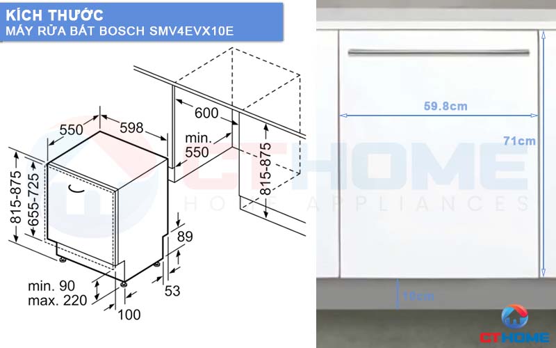 Kích thước máy rửa bát âm tủ SMV4EVX10E và tấm ốp gỗ 