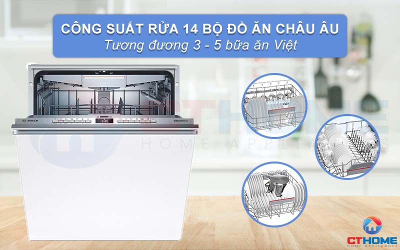 Công suất rửa của máy rửa bát Bosch SMV4HCX48E có thể đạt tối đa 14 bộ đồ ăn.