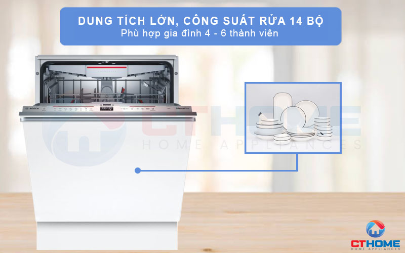 Dung tích chứa lớn với khả năng rửa tối đa 14 bộ đồ ăn Châu  u tương đương 3-4 bữa ăn Việt