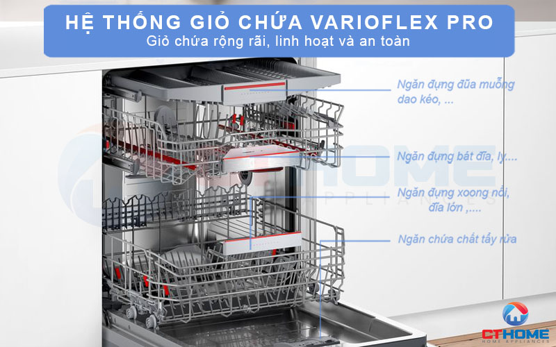 Hệ thống giỏ chứa linh hoạt VarioFlex Pro giúp sắp xếp bát đĩa một cách khoa học