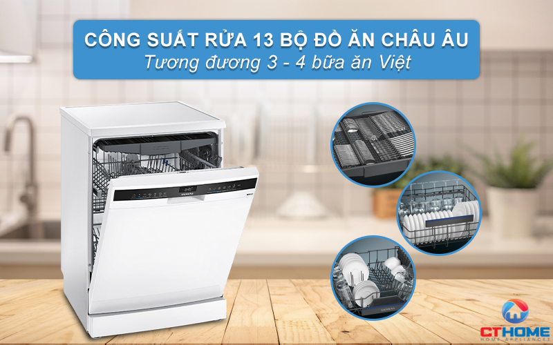 Dung tích chứa lớn, công suất rửa 13 bộ đồ ăn phục vụ gia đình 4-6 người
