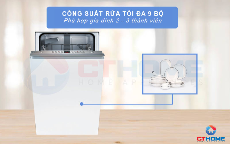 Công suất rửa tối đa 9 bộ đồ ăn châu  Âu tương đương với 3 - 4 bữa ăn Việt phù hợp với gia đình 2 - 3 thành viên