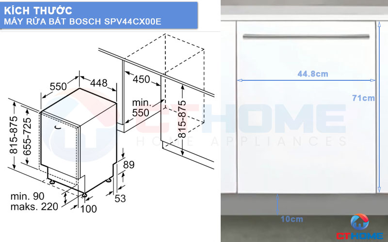 Kích thước máy rửa bát Bosch SPV44CX00E và tấm ốp gỗ.