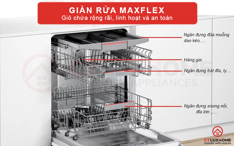 Hệ thống giỏ chứa MaxFlex rộng rãi trong máy rửa bát Bosch SMI6ZCS07E