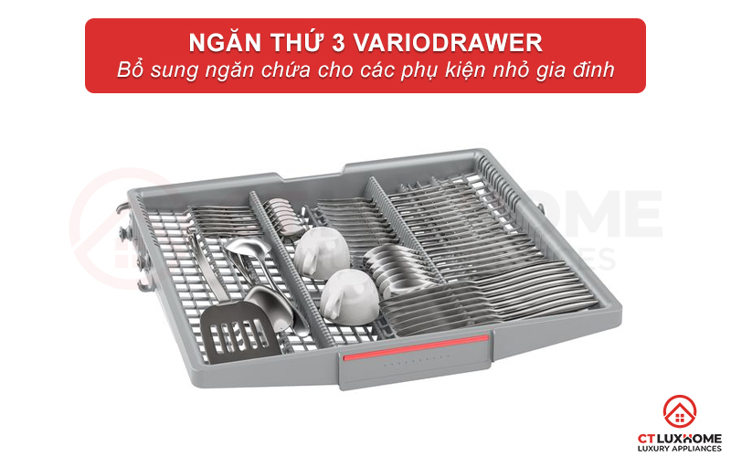 Với ngăn rửa thứ 3 VarioDrawer, các vật dụng được sắp xếp ngăn nắp và khoa học hơn