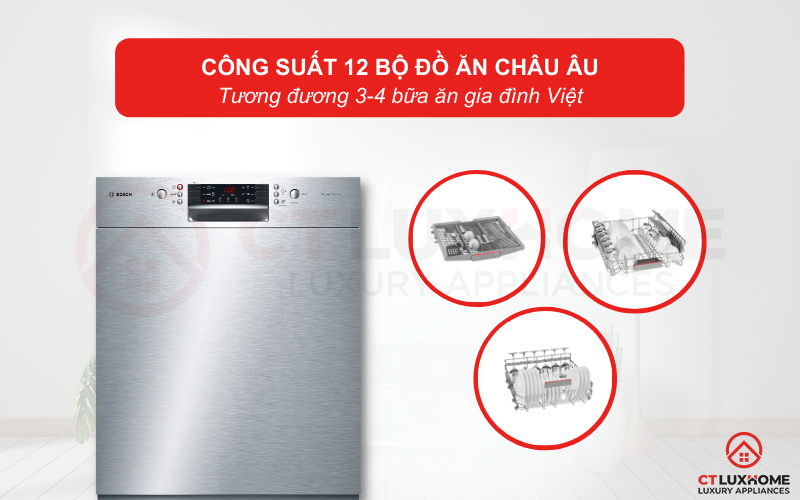 Công suất rửa tối đa của máy lên tới 12 bộ đồ ăn Châu Âu