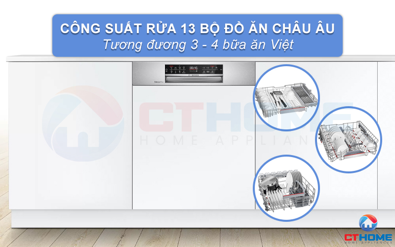 Máy rửa bát Bosch SMI6EDS57E có công suất rửa lớn nhất, lên tới 13 bộ bát đĩa Châu Âu