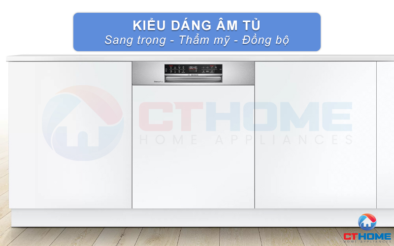 Thiết kế âm tủ, máy rửa bát bán âm Bosch SMI6EDS57E serie 6 có thể lắp đặt tại những vị trí có sẵn hộc tủ