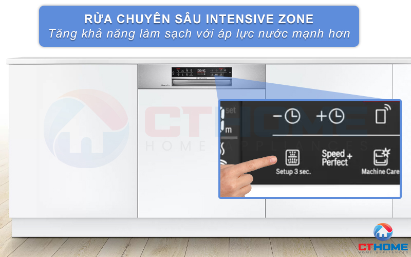 Chức năng rửa chuyên sâu Intensive Zone giúp rửa sạch nồi chảo đánh bay dầu mỡ