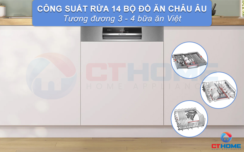 Công suất của máy rửa bát âm tủ SMI8YCS03E lên đến 14 bộ đồ ăn Châu Âu