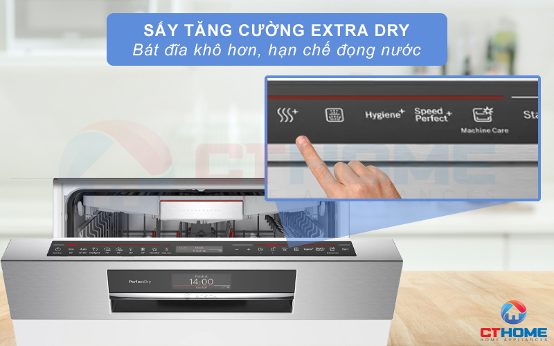 Sấy tăng cường Extra Dry cho bát đĩa khô hơn, hạn chế đọng nước