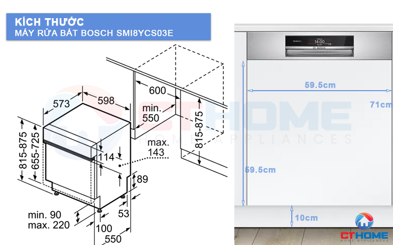 Kích thước của máy rửa bát SMI8YCS03E và tấm ốp gỗ