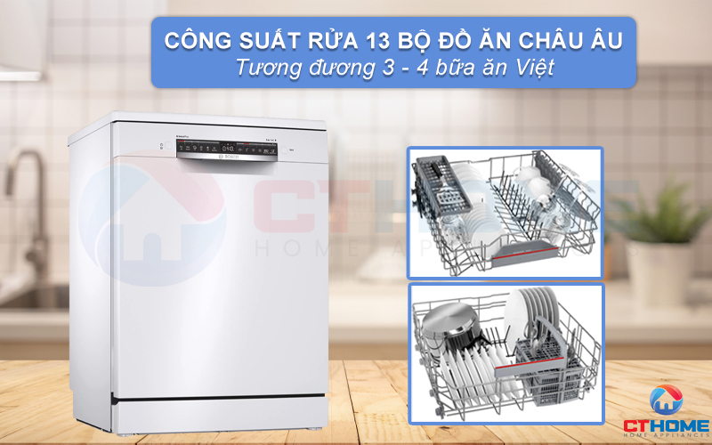 Dung tích chứa lớn, công suất rửa tối đa của máy rửa bát Bosch SMS4HAW48E 13 bộ