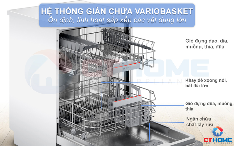 Hệ thống giỏ chứa Variobasket rộng rãi, dễ dàng sắp xếp bát đĩa, xoong nồi,... vào ngăn chứa