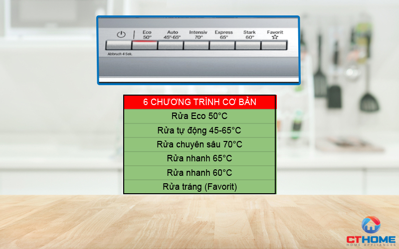 Đa dạng với 6 chương trình rửa cơ bản đáp ứng đầy đủ nhu cầu rửa hằng ngày của gia đình