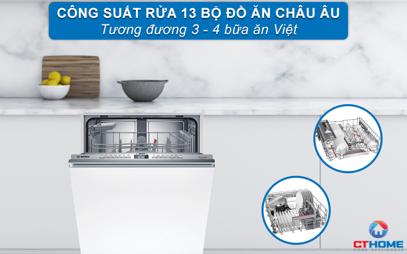 Dung tích rửa lớn, công suất rửa 13 bộ đồ ăn phù hợp gia đình 4-6 người