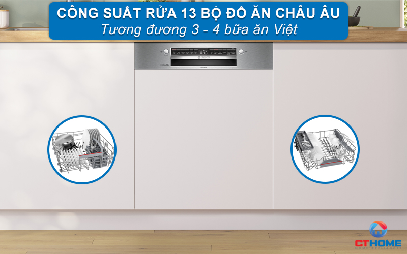 Dung tích chứa lớn, công suất rửa 13 bộ phù hợp gia đình 4 - 6 người