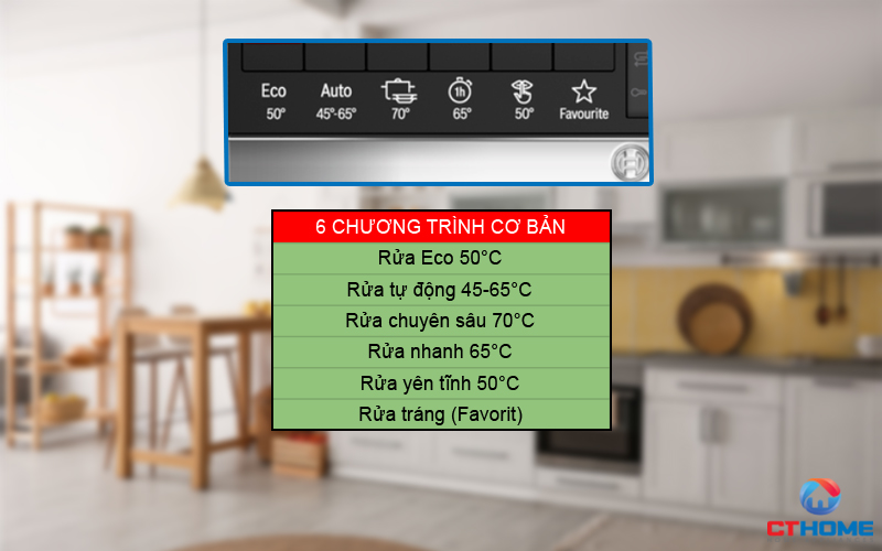 Đa dạng với 6 chương trình rửa cơ bản đáp ứng đầy đủ nhu cầu rửa hằng ngày của gia đình