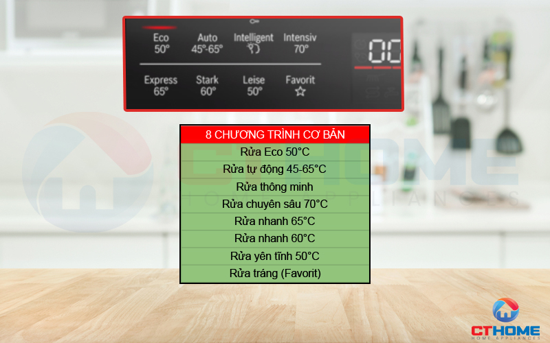 Tùy chọn đa dạng với 8 chương trình rửa cơ bản phục vụ đầy đủ nhu cầu rửa hằng ngày