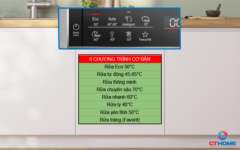 Tùy chọn đa dạng với 8 chương trình rửa cơ bản phục vụ đầy đủ nhu cầu rửa hằng ngày 