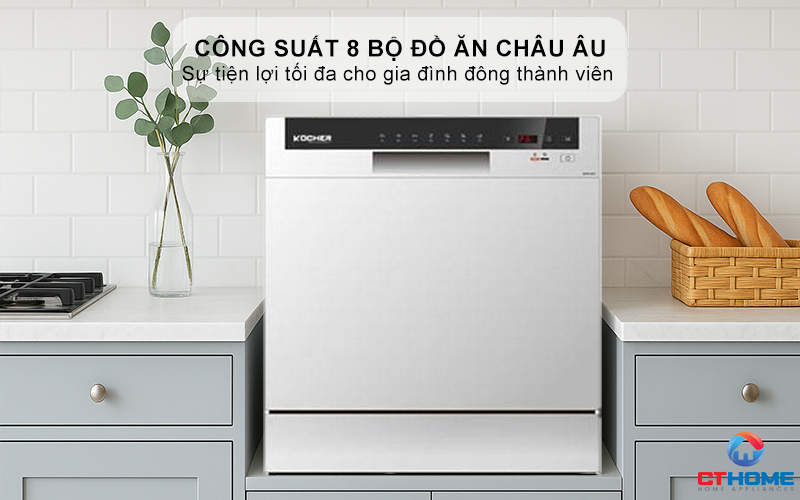 Dung tích chứa lớn, công suất rửa 8 bộ đồ ăn Châu Âu