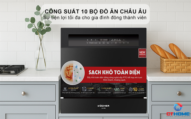 Dung tích chứa lớn, công suất rửa 10 bộ đồ ăn Châu Âu