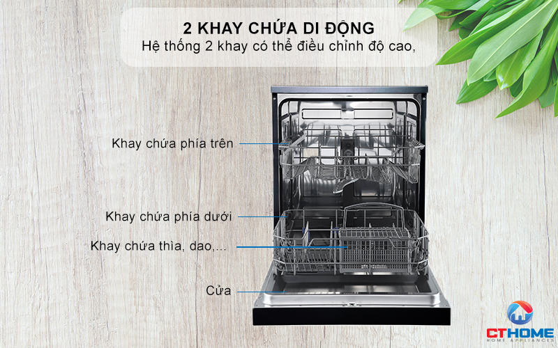 Khoang rửa inox cao cấp, 2 khay chứa di động