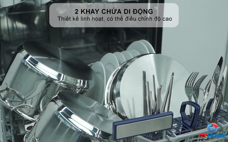 Khoang rửa inox cao cấp, 2 khay chứa di động
