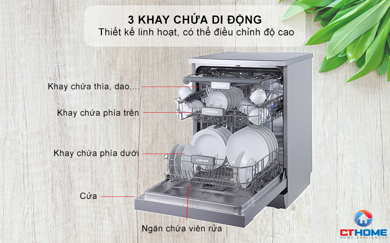 Khoang rửa inox cao cấp, 3 khay chứa di động