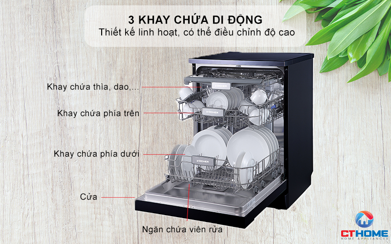 Khoang rửa inox cao cấp, 3 khay chứa di động