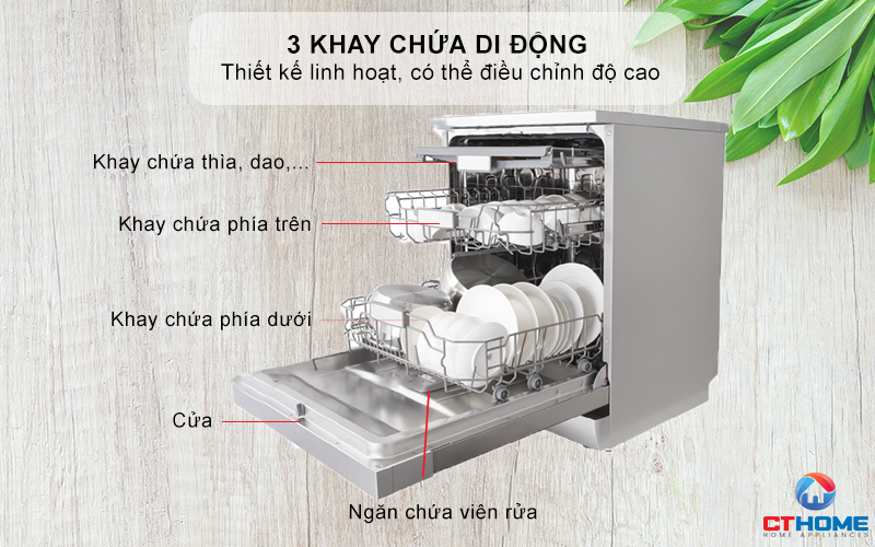 Khoang rửa inox cao cấp, 3 khay chứa di động