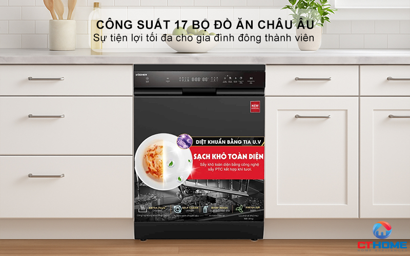 Dung tích chứa lớn, công suất rửa 17 bộ đồ ăn Châu Âu