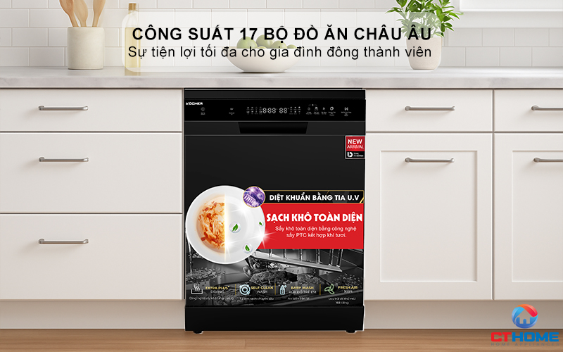Dung tích chứa lớn, công suất rửa 17 bộ đồ ăn Châu Âu
