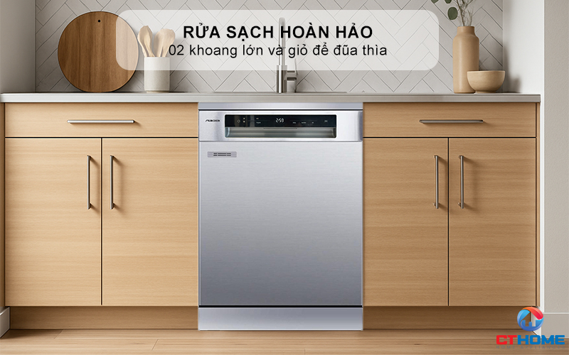 Rửa sạch hoàn hảo với 02 khoang lớn và giỏ để đũa thìa